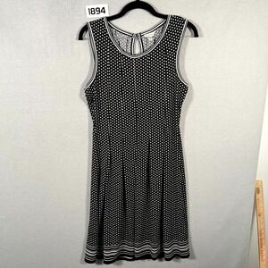 Max Studio A Line Dress Womens L Black White Polka Dot Round Neck Keyhole Back